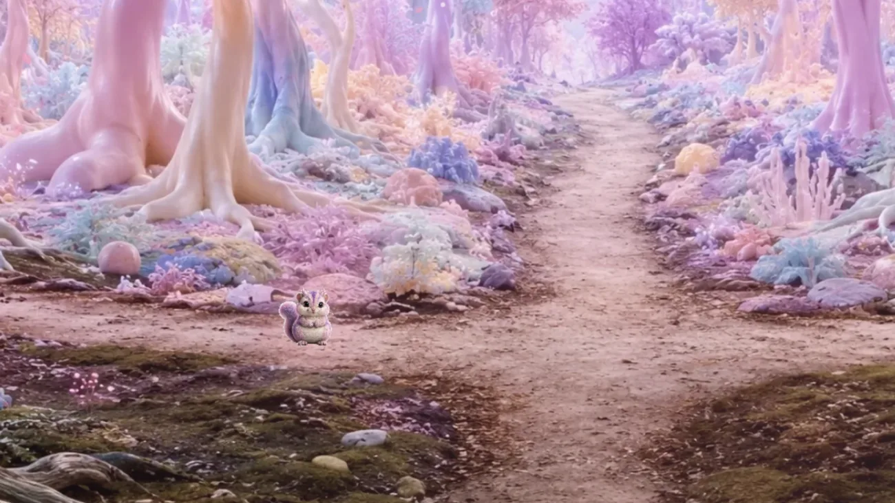 A Marietta waiting on a pastel forest path in Grimmerglen
