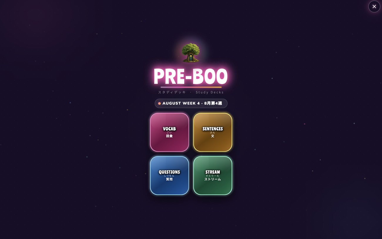 Pre-Boo weekly flashcard deck: Vocab, Sentences, Questions, Stream