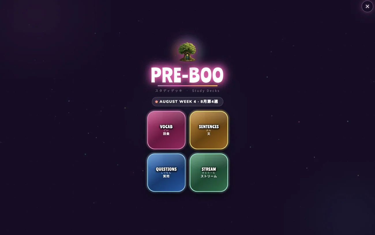 Pre-Boo weekly flashcard deck: Vocab, Sentences, Questions, Stream