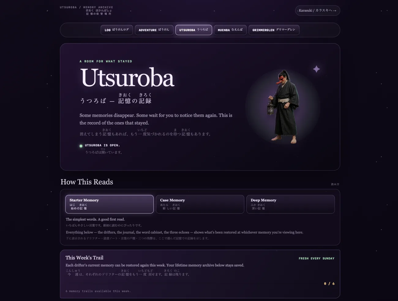 Utsuroba profile, Memory Archive, memories restored and rooms visited